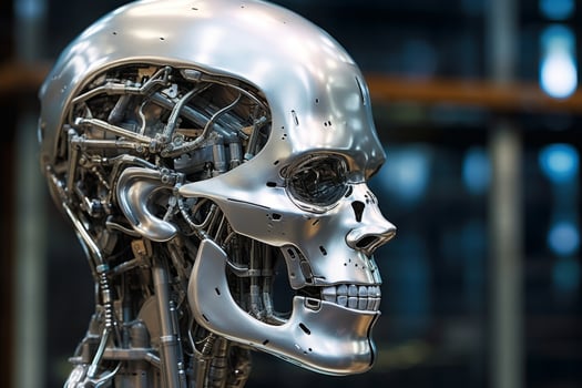 Futuristic cyborg robot head close up photo