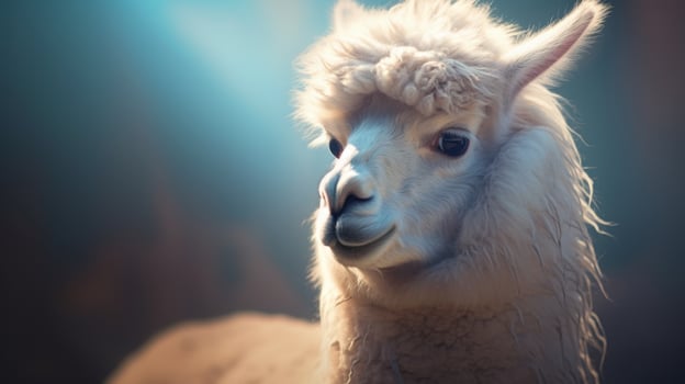 Cute fluffy alpaca with soft fur and big eyes photo