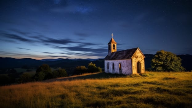 Illuminated church in rural landscape at night photo