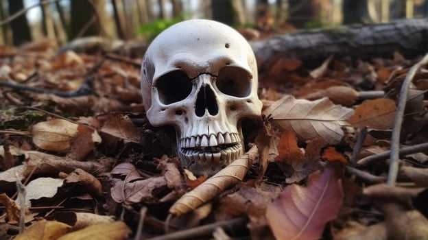 Spooky skull in autumn leaves photo
