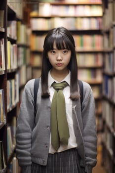Serious young asian woman in school uniform standing in library photo