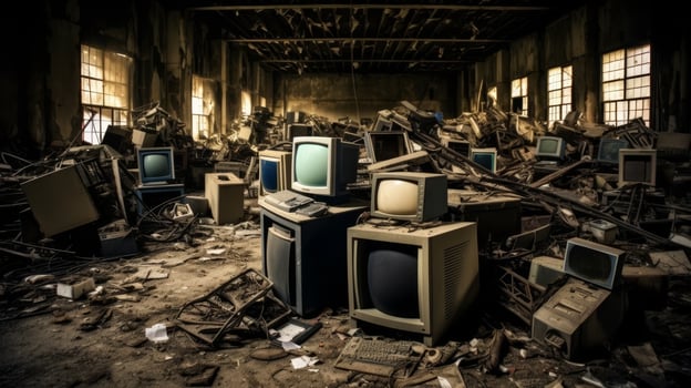 abandoned warehouse filled with discarded electronics photo