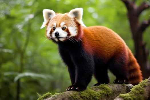 Curious red panda in lush green forest photo