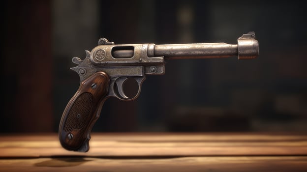 Antique revolver on wooden table photo