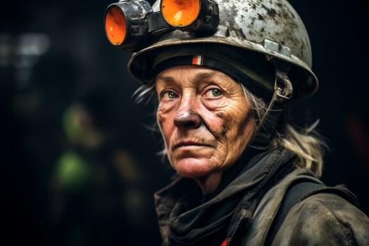 Weathered miner with protective gear looking intently photo