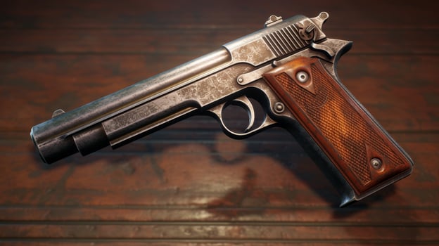 Vintage pistol on wooden background photo