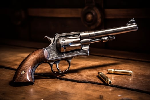 Vintage revolver on wooden table photo
