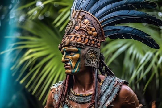 Ornate Aztec warrior costume in tropical setting photo