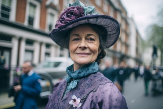 Elegant woman in vintage outfit with flower hat photo