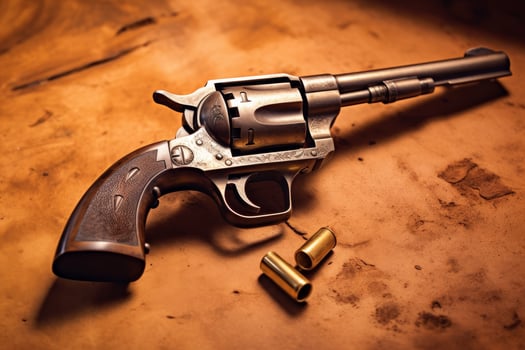 Vintage revolver gun on wooden background photo
