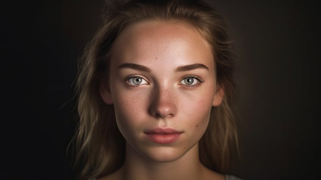 Thoughtful young woman with freckles and windblown hair photo