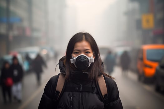 woman wearing protective mask in urban environment photo