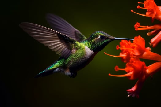 Colorful hummingbird feeding on vibrant red flowers photo