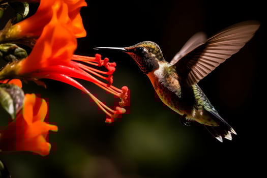 Hummingbird feeding on vibrant red flower photo
