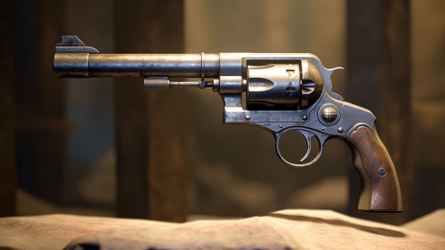 Vintage revolver gun on wooden table photo