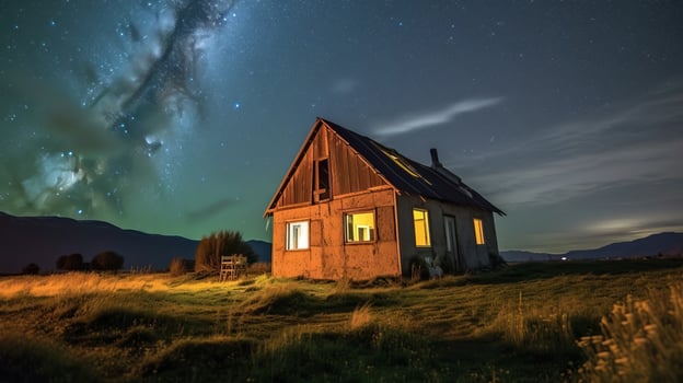 Cozy cabin in the countryside under starry night sky photo