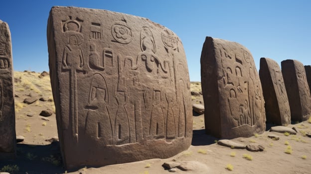 ancient carved stone monuments in desert landscape photo