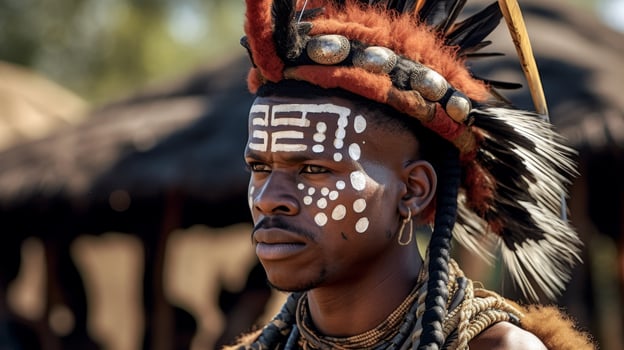 Tribal warrior with face paint and feathered headdress photo