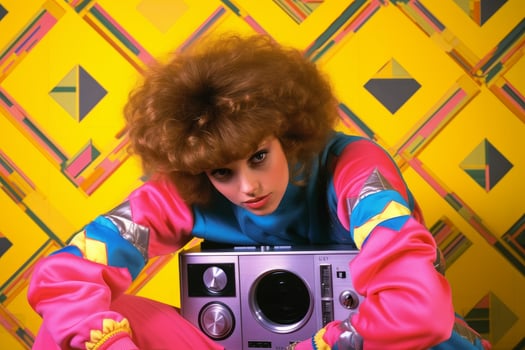 retro woman with colorful outfit and radio photo