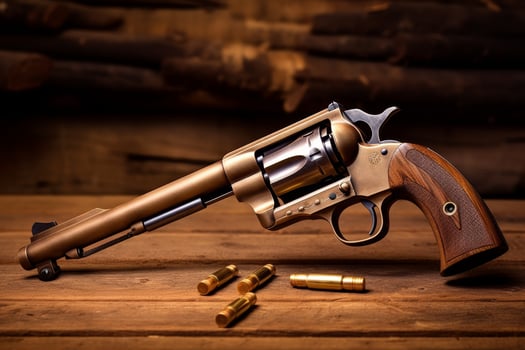 Vintage revolver with ammunition on wooden table photo