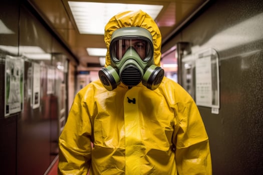 person in yellow hazmat suit and gas mask in indoor hallway photo