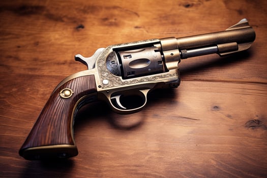 Ornate vintage revolver on wooden table photo