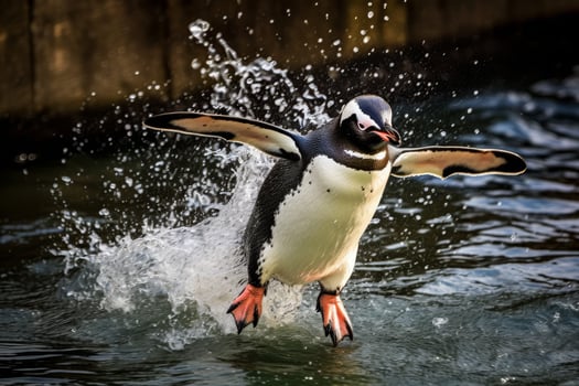 Penguin jumping out of water with splash photo