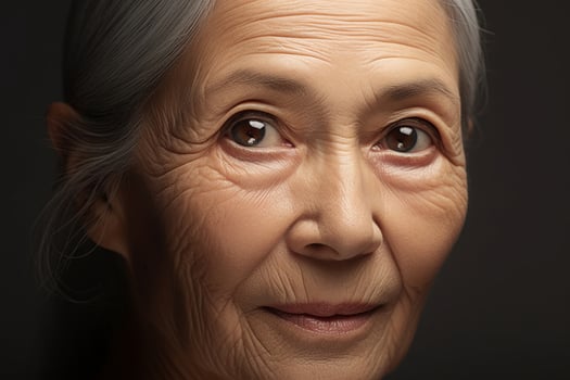 Close up portrait of an elderly woman with wrinkled skin and thoughtful expression photo