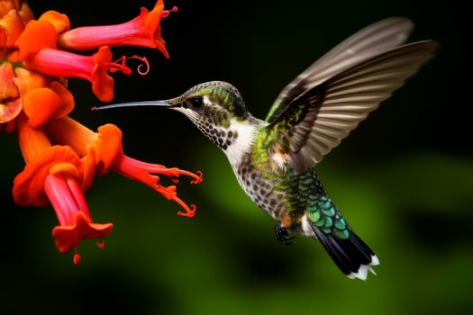 Hummingbird feeding on vibrant red flower photo