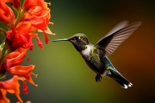 Hummingbird feeding on vibrant red flower photo