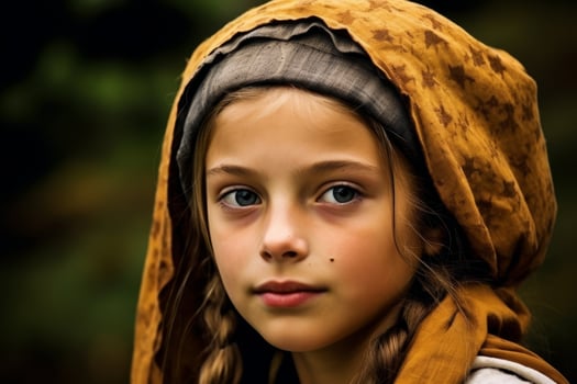 young girl in hooded jacket looking serious photo