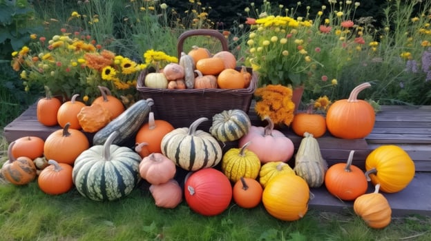 Autumn harvest display with pumpkins, gourds, and flowers photo