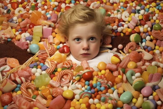 child surrounded by colorful candies and sweets photo