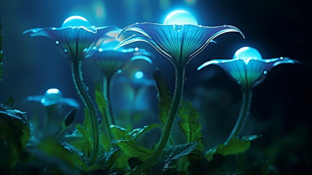 Glowing blue mushrooms in a magical forest photo