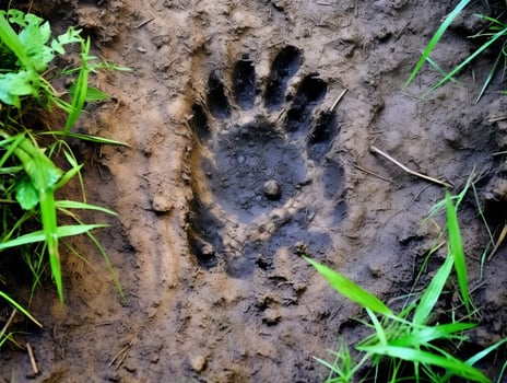 Muddy animal footprint in the grass photo