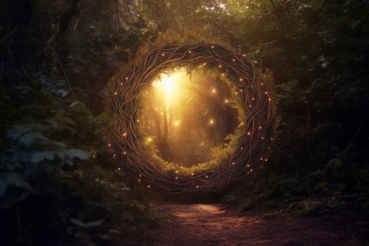 Enchanted forest path with glowing wreath photo