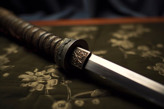 Ornate Japanese samurai sword on dark floral background photo