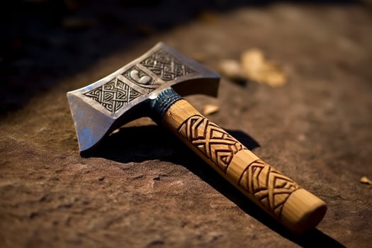 Ornate Viking style axe head on dirt photo