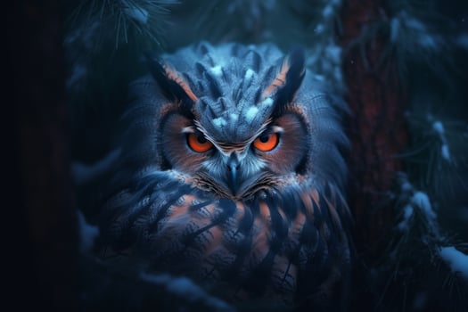 Fierce glowing eyed owl in dark forest photo