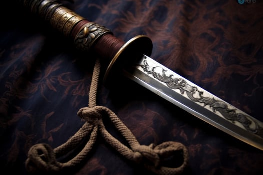 Ornate Japanese sword on dark background photo