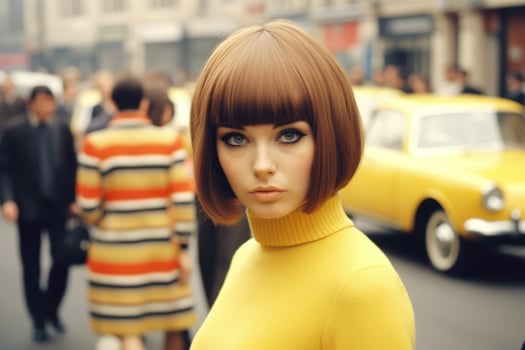 Fashionable woman in yellow sweater on city street photo