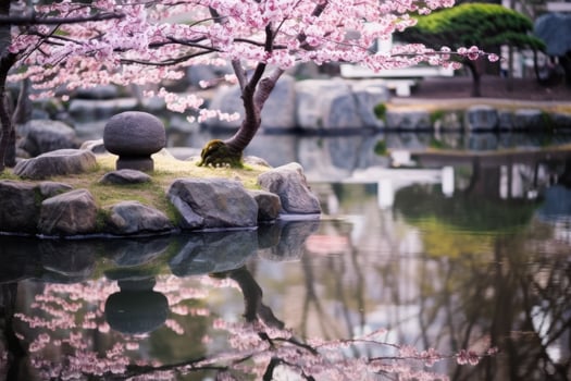 serene japanese garden with cherry blossoms photo
