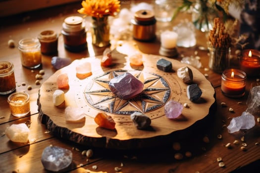 mystical crystal altar with candles and gemstones photo