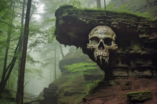 Eerie skull in misty forest photo