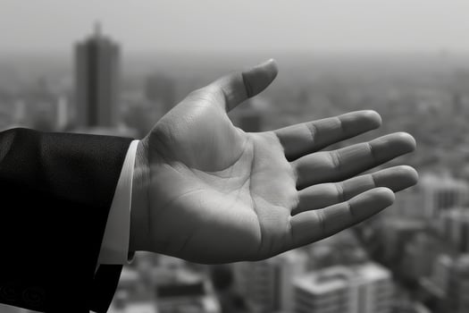 Businessmans hand reaching out in a city skyline photo