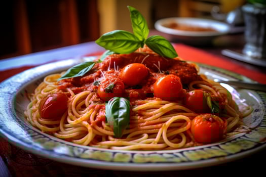 delicious homemade italian pasta dish with tomato sauce and basil photo