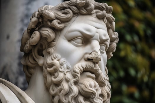 Weathered stone statue with ornate curling hair and facial features photo