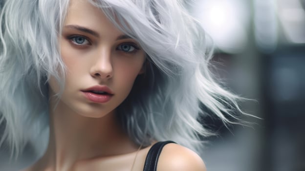 Captivating portrait of a woman with striking silver hair photo