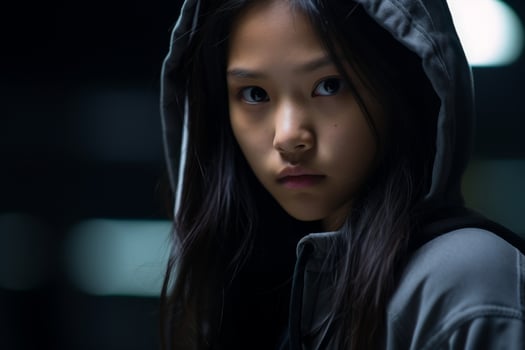 Pensive young asian girl in dark hoodie photo