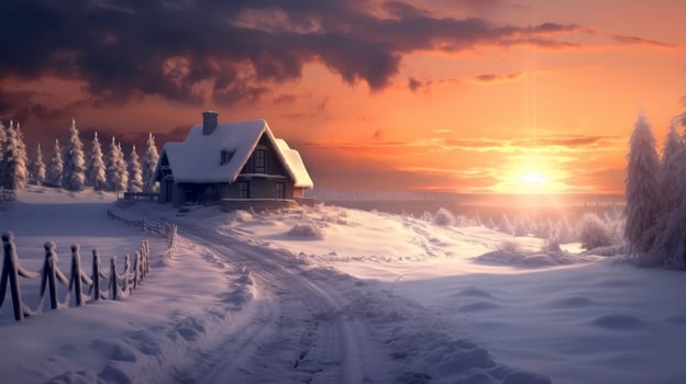 Cozy winter cabin in snowy landscape at sunset photo